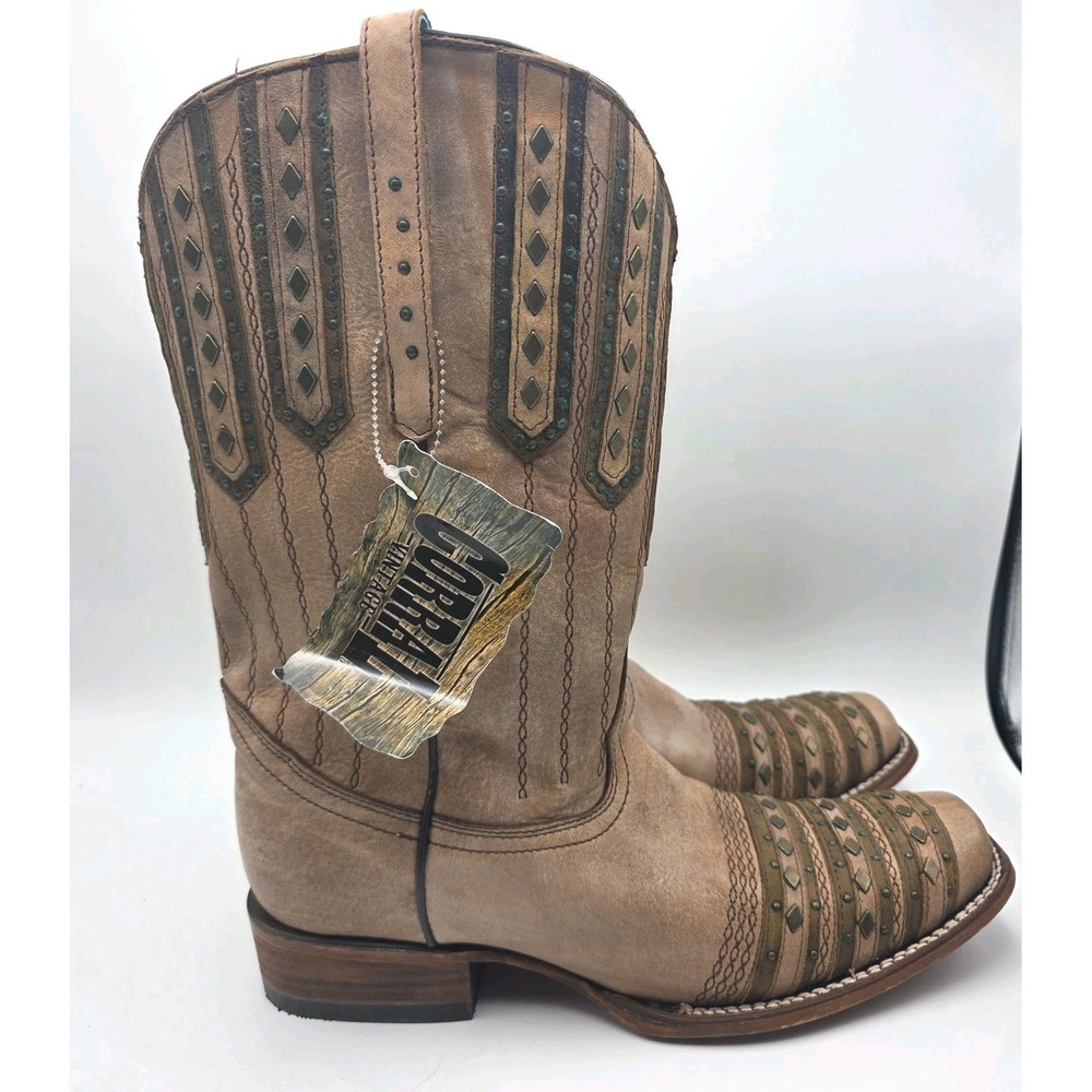 Women's Corral Vintage Boots C2991 Sz 12 Tan Studded Square Toe Western Cowboy